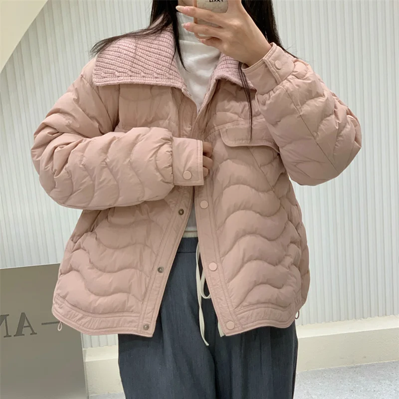 Woherb High-End White Duck Down Sweet Down Jacket Female Short Fashion Knitting Large Lapel Splicing Small Pressure Rubber Coat-Outfit Ideas