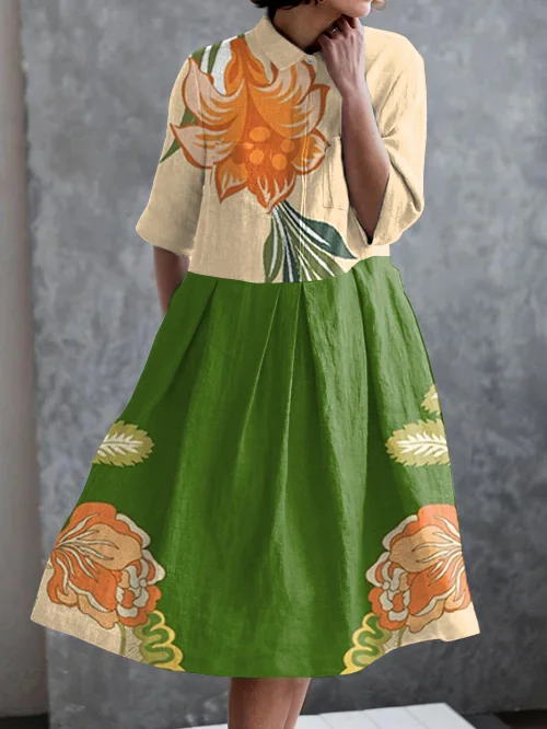 Holiday Retro Floral Print Casual Pocket Half Sleeve Dress