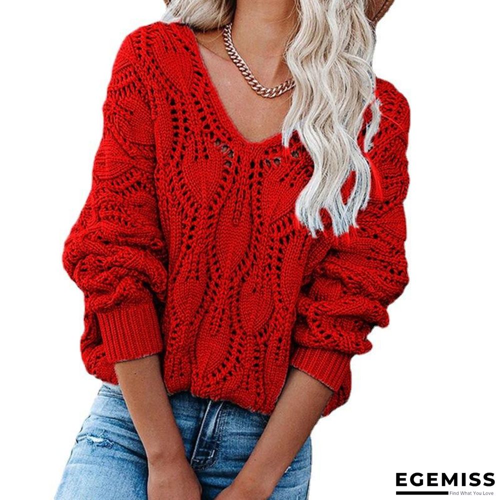 Casual Solid Hollow V-neck Long Sleeve Knitted Pullover Sweater | EGEMISS