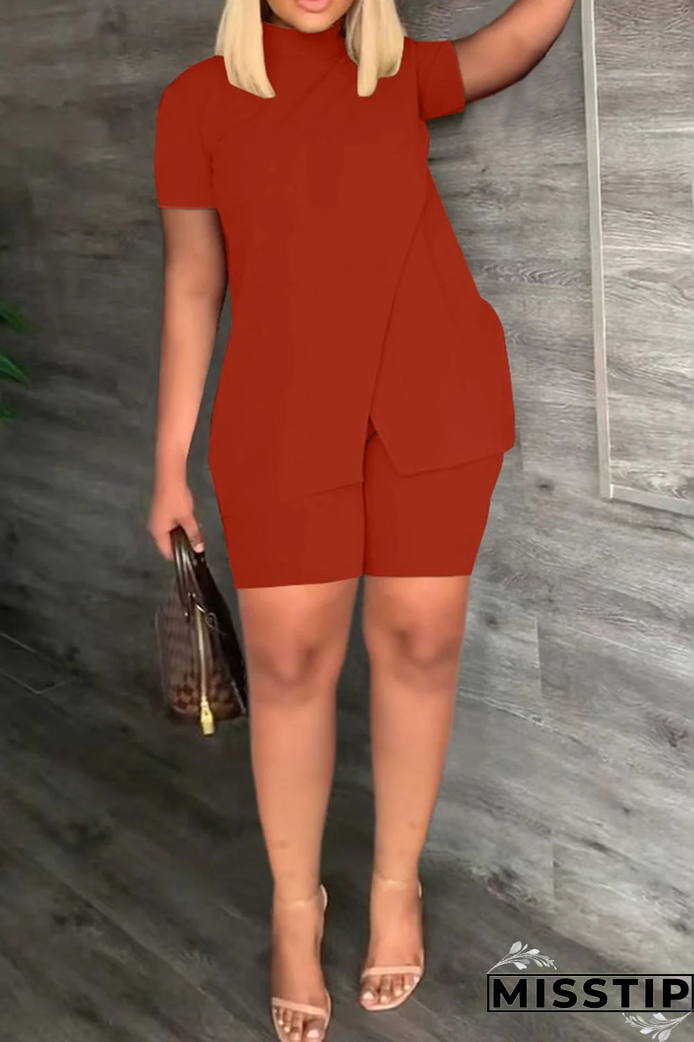 Black Casual Solid Patchwork Half A Turtleneck Short Sleeve Two Pieces