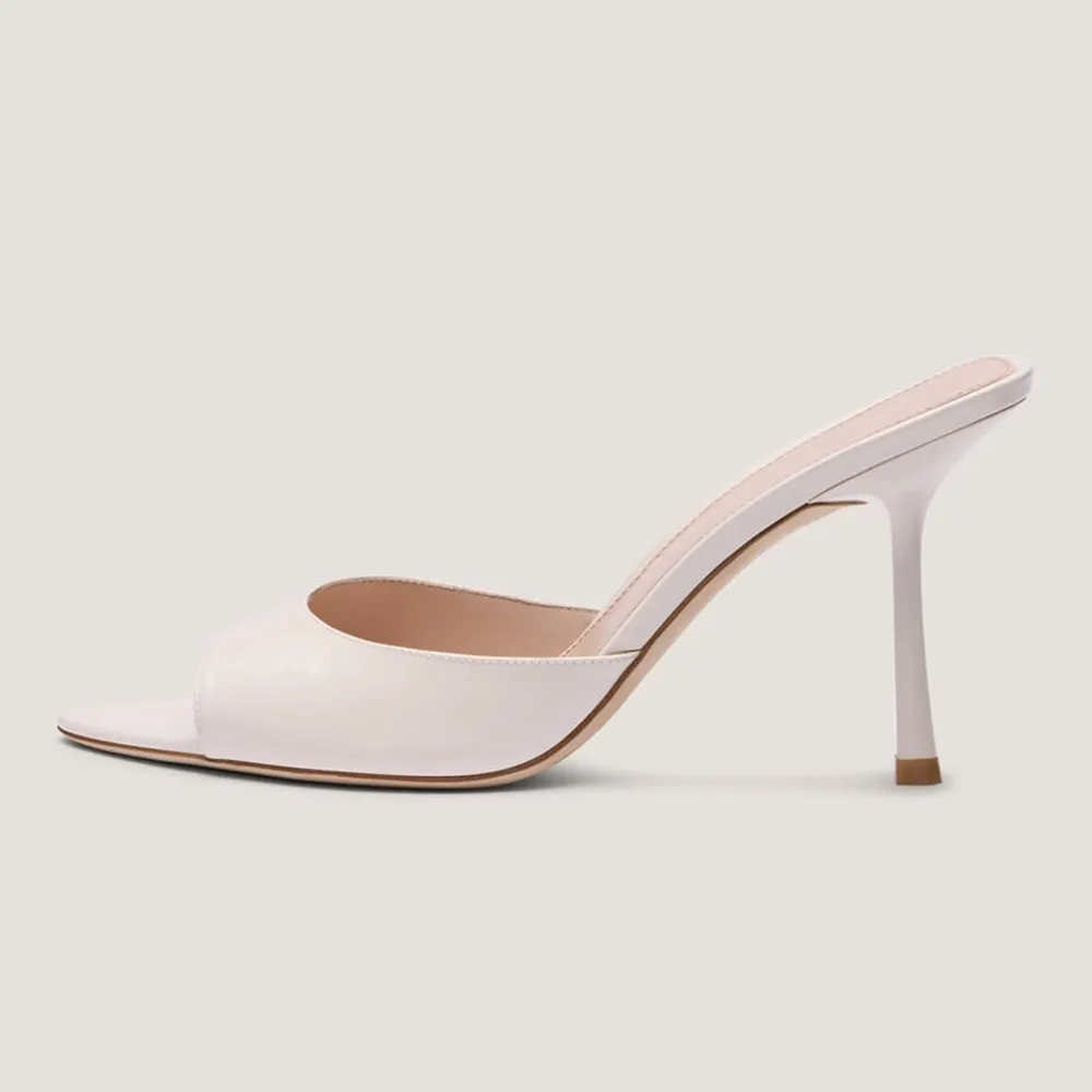 Ivory Patent Leather Open Toe Stiletto Heel Slip On Sandals