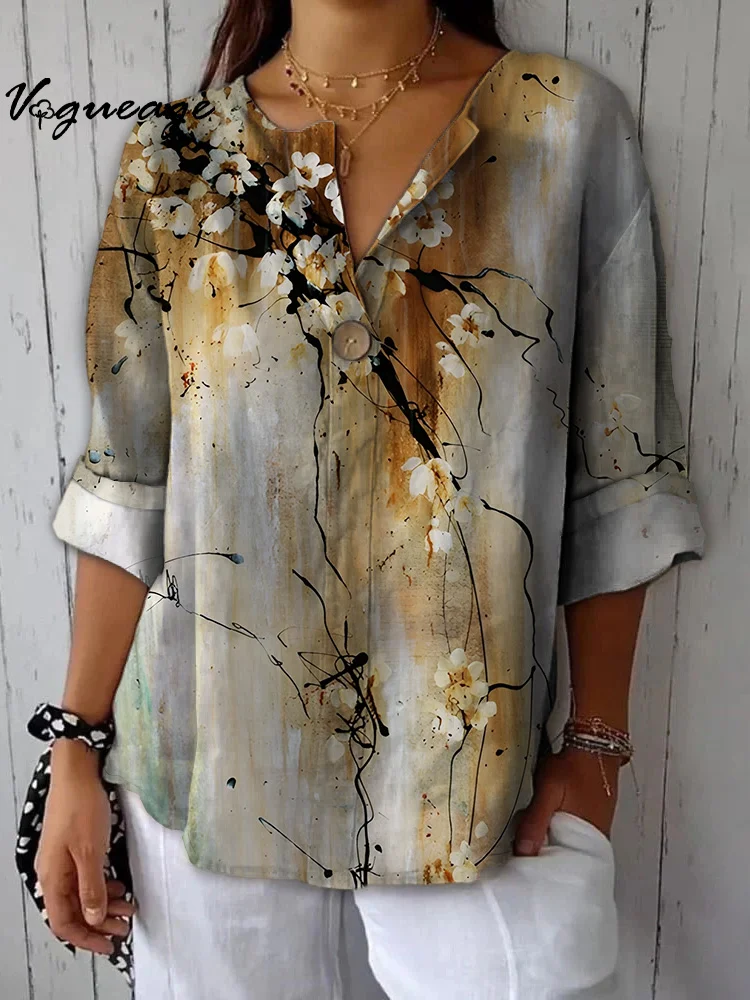 Elegant And Gentle Plum Blossom Printed Cotton And Linen Shirt