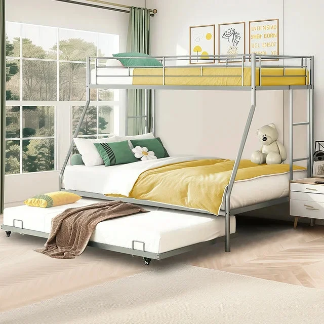 Metal Twin Over Full Bunk Beds with Trundle Bed, Paproos Metal Bunk Beds for Kids Teens Adults with Side Ladders, Twin Over Full Size Bunkbed Frame, No Box Spring Needed, CPC Certification, Silver