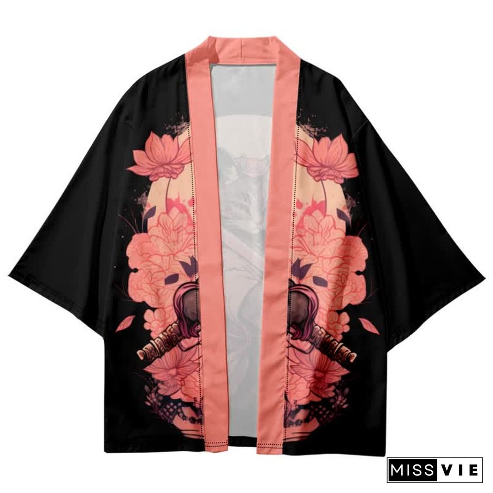 Vintage Cat Warriors Print Cardigan Kimono Outerwear
