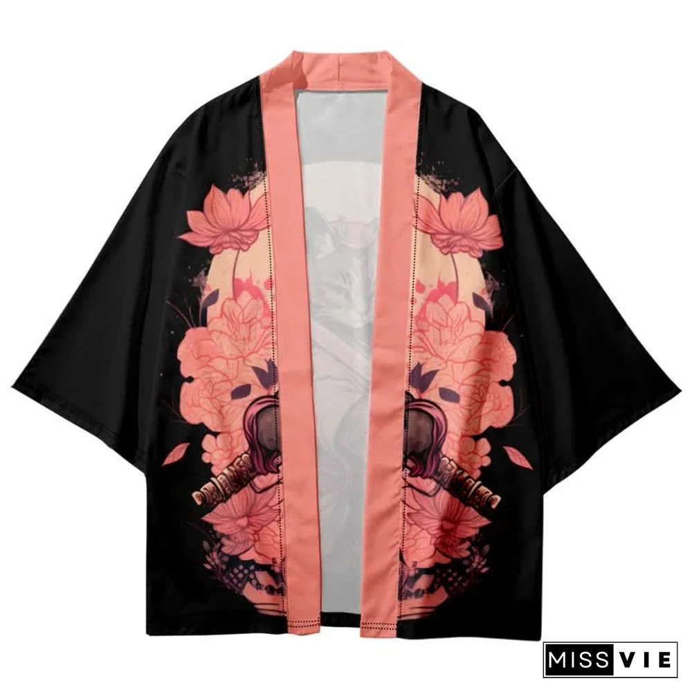 Vintage Cat Warriors Print Cardigan Kimono Outerwear