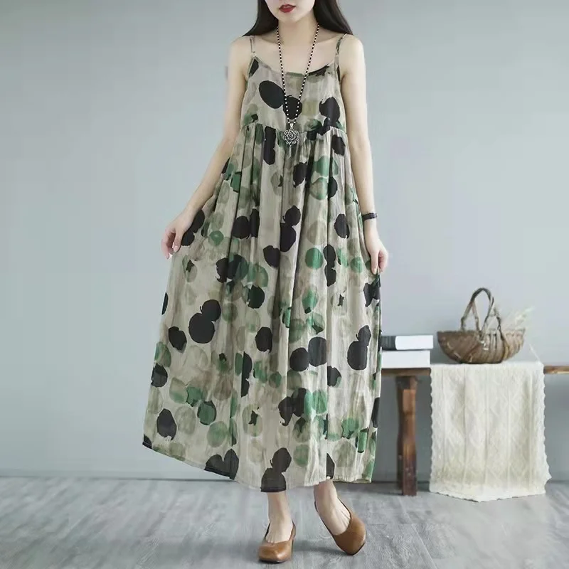 Brownm Brownm Summer Halo Staining Wave Point Long Sling Dress Large Swing Temperament Flowing Thin Literary Long Dress