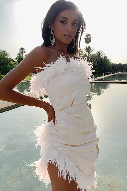 white strapless short prom dress with feather