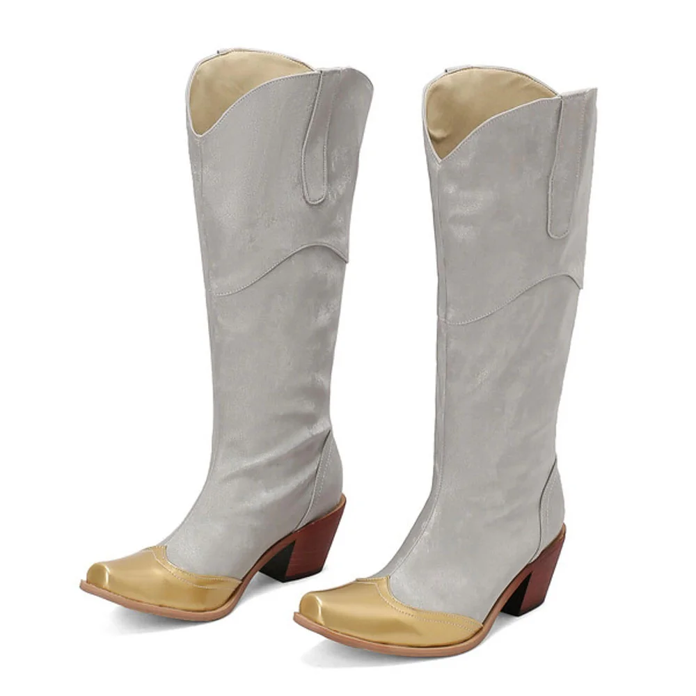 Grey Vegan Suede Block Heel Knee High Cowgirl Boots with Gold Toe