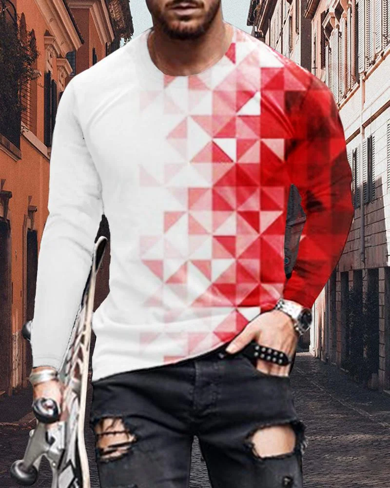 Men's Fashion Red Abstract Printing Long-sleeved T-shirt