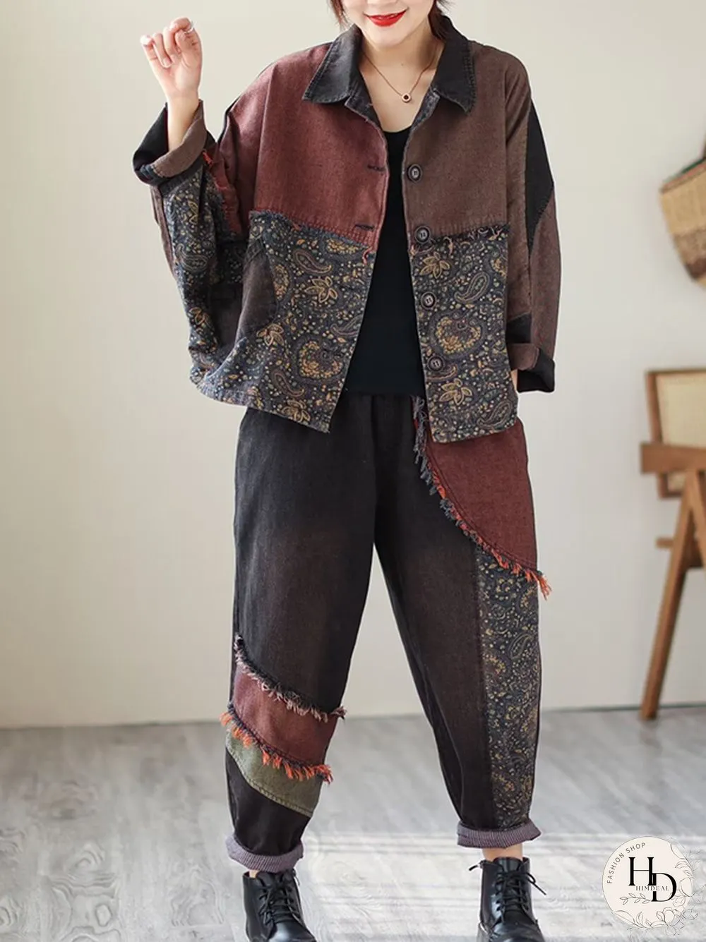 Contrast Color Fringed Split-Joint Long Sleeves Printed Outwear Harem Pants Two Pieces Set