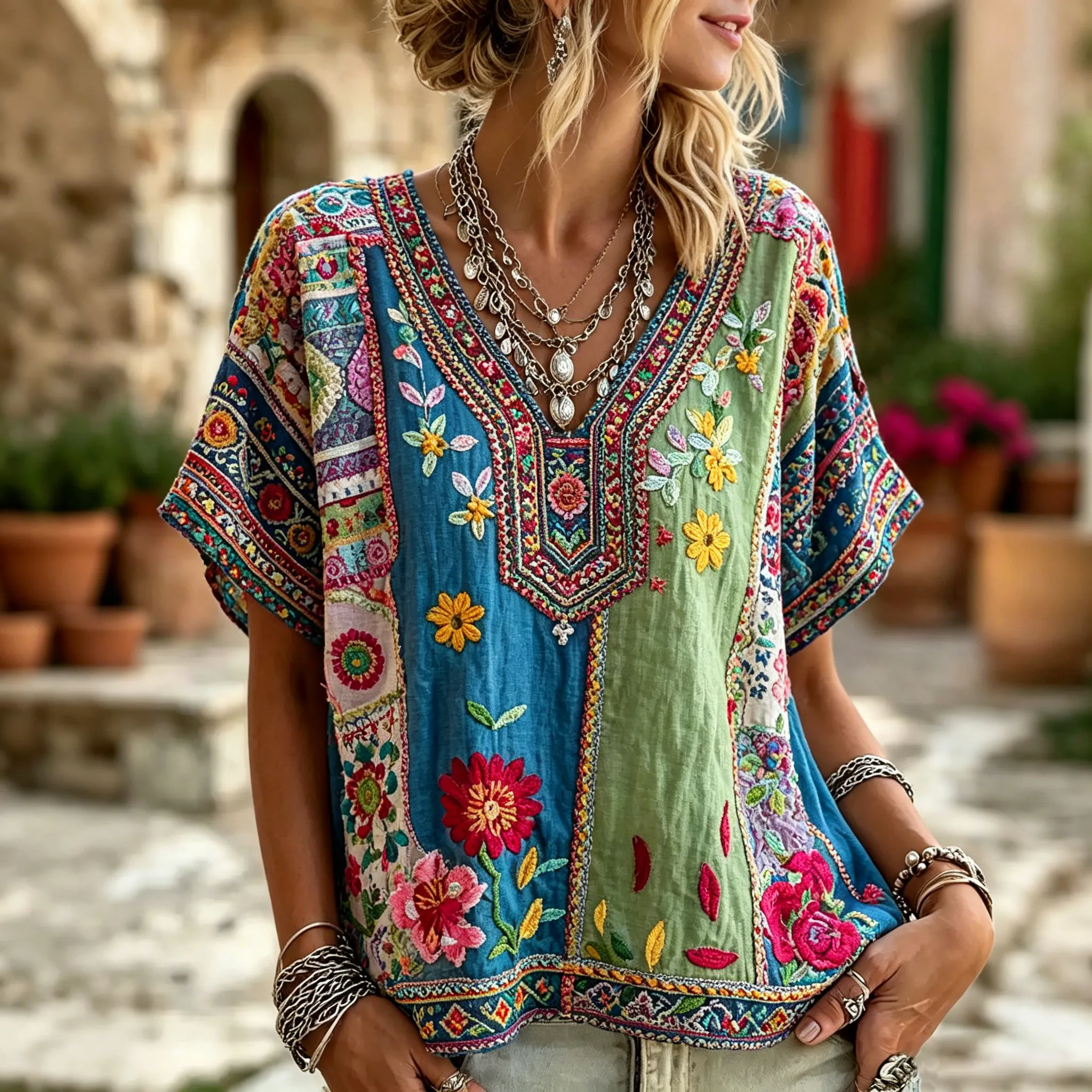 Comstylish Women's Retro Floral Patchwork Art Ethnic Pattern Embroidered Cotton Linen V-neck T-shirt
