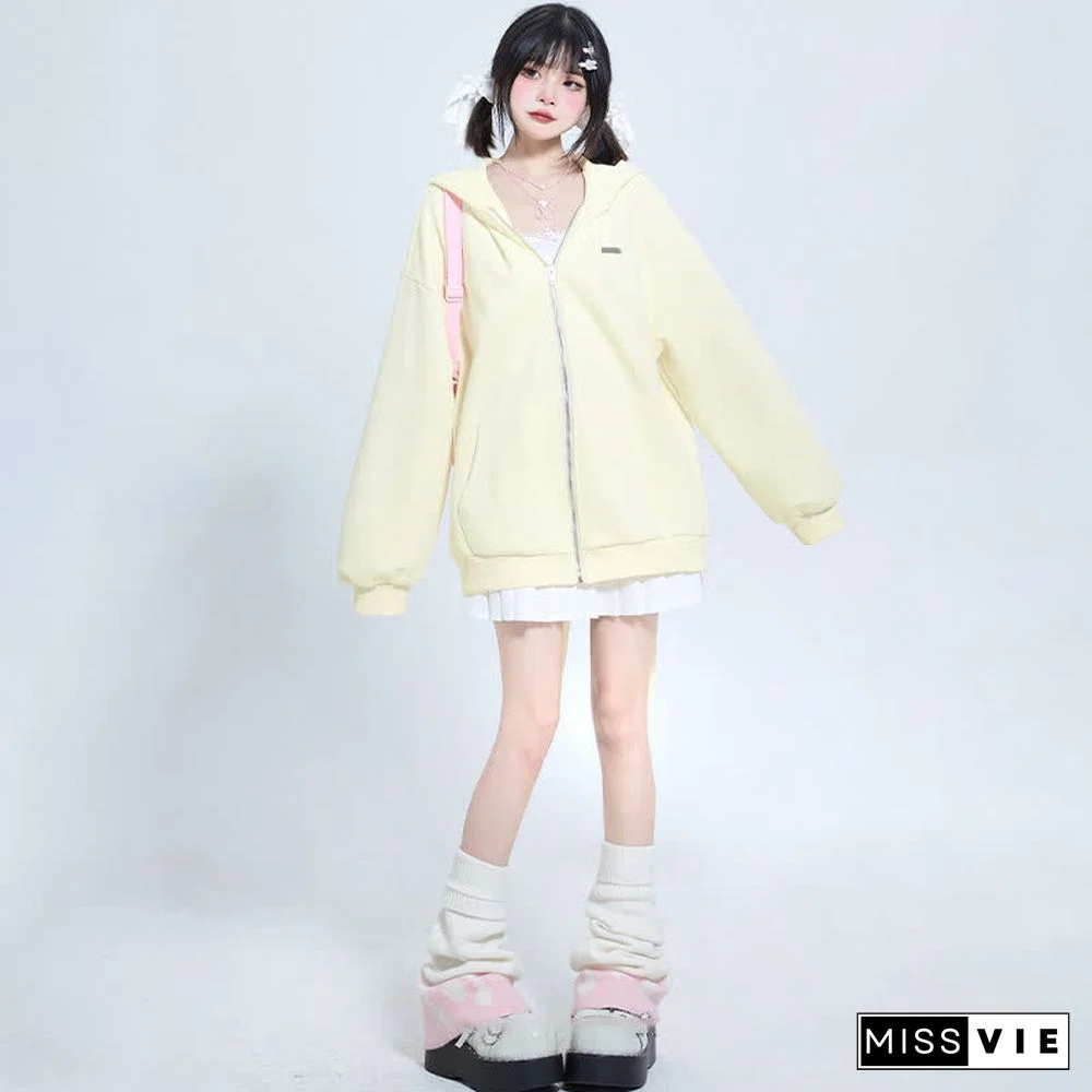 Long Bunny Ears Pocket Oversize Zipper Hooded Sweatshirt