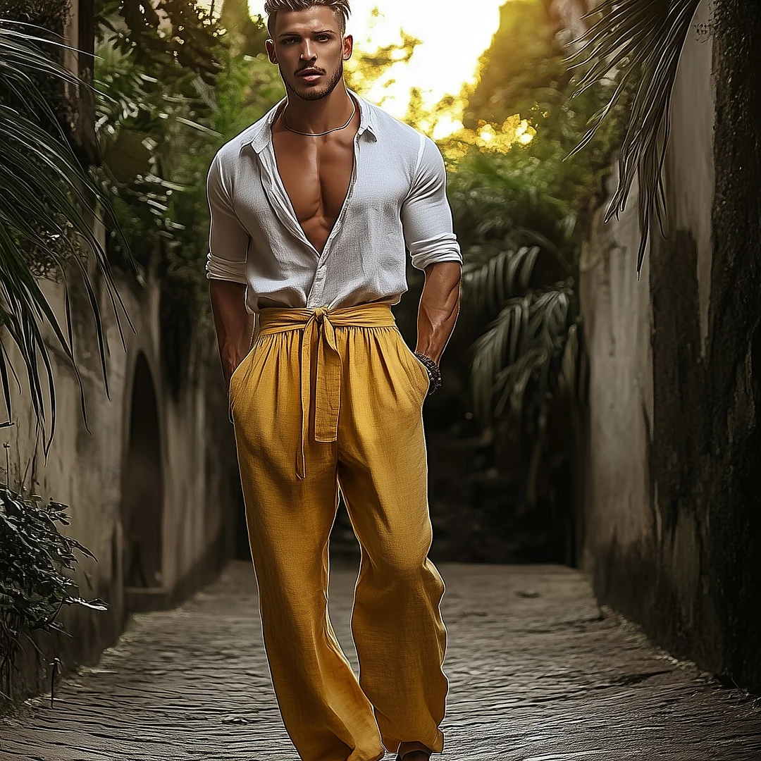 Mustard Yellow Linen Blend Wide-Leg Pants With Adjustable Waist Tie-inspireuse