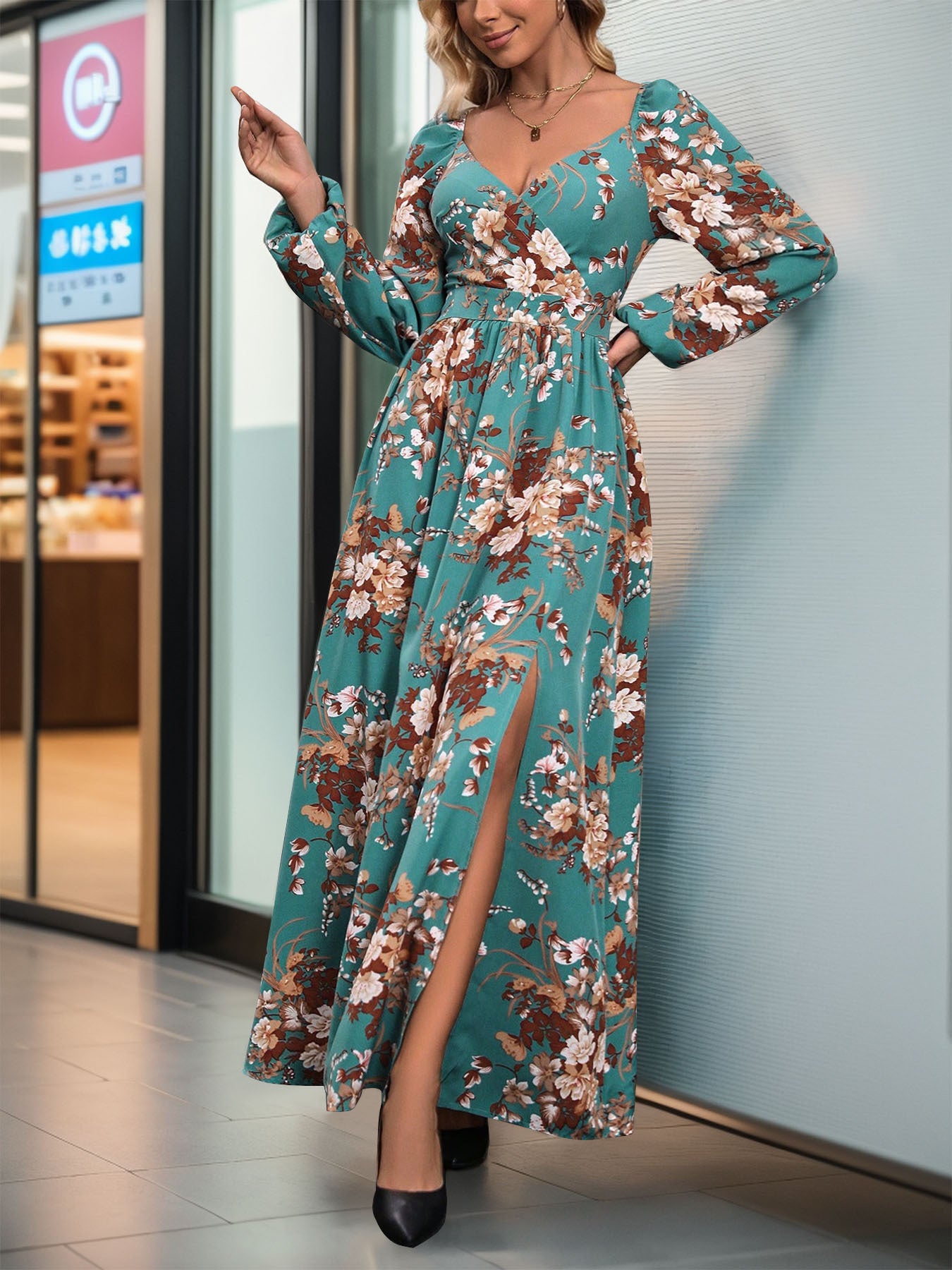 Women's Long Sleeve V-neck Floral Printed Slit Midi Dress