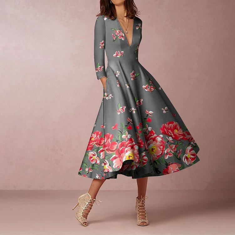 Elegant Floral Print V Neck Long Sleeve Pocket Midi Dress