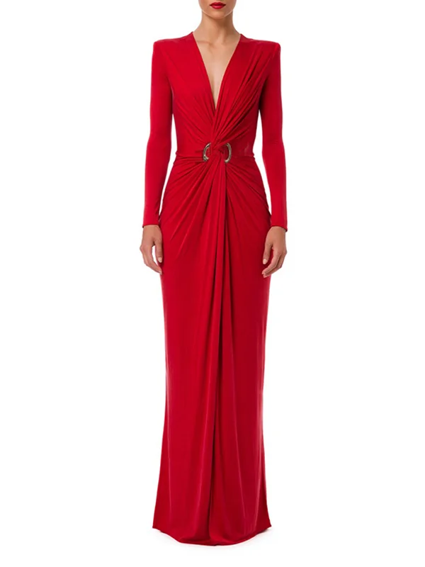 Long Sleeves Knot Pleated Solid Color Split-Front Deep V-Neck Maxi Evening Dresses