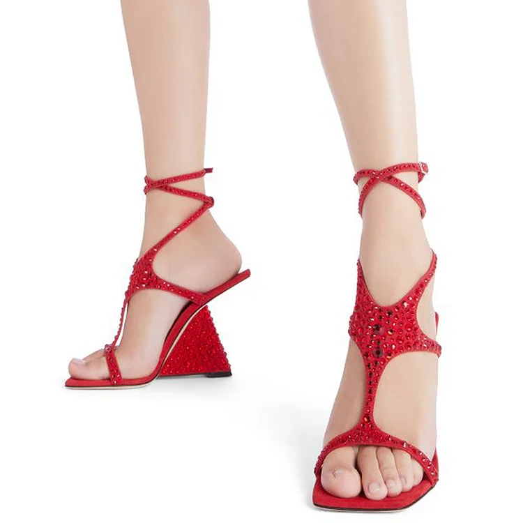 Red Rhinestone Square Toe Wedge Sandal Heels for Weddings Vdcoo