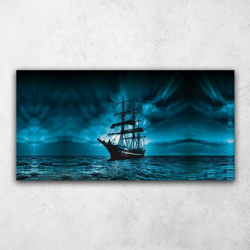 Sailship Sailing In Dark Blue Canvas Wall Art