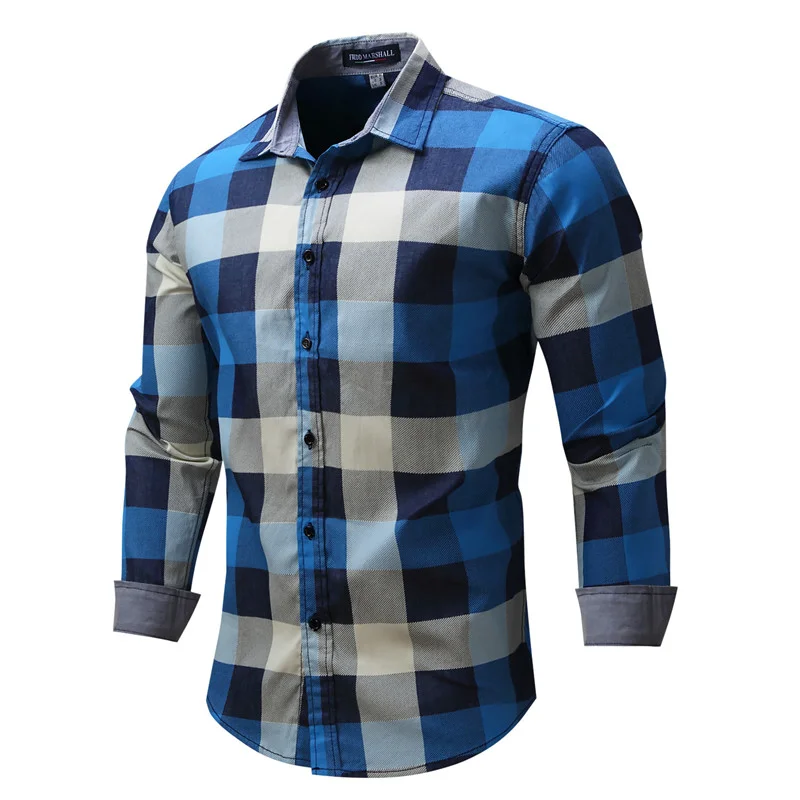 Men's Long-sleeved Plaid Color Block Shirt