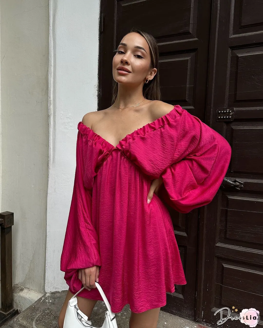 Casual Solid Split Joint V Neck Cake Skirt Dresses(4 Colors)