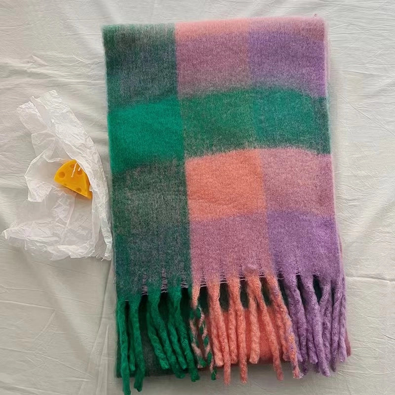 Rainbow Plaid Tassel Scarf For Women Autumn And Winter Famous Color Matching Cashmere Mohair Shawl Thickened Scarf