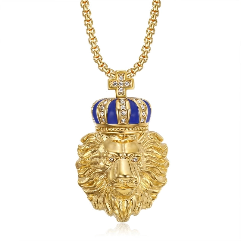 Hip-Hop Lion Crown Titanium Steel Enamel Plating Rhinestones 18K Gold Plated Men's