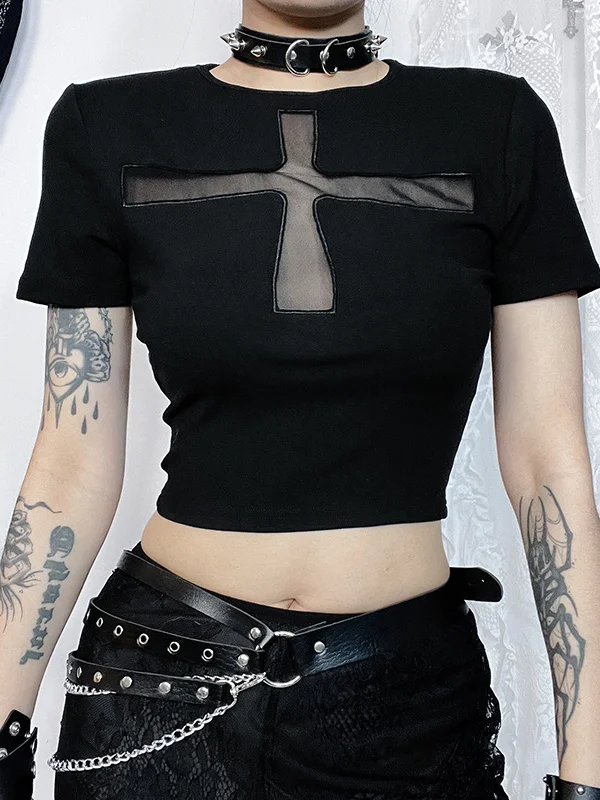 Dark Punk Cross Hollowed Slim Fit T-shirt
