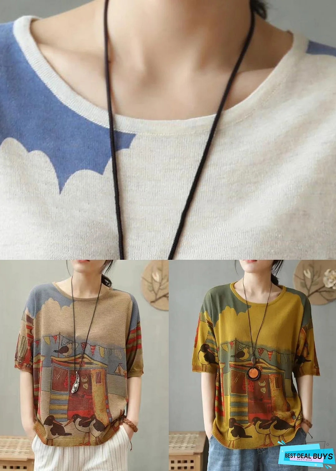 Yellow Cozy Patchwork Cotton Knit Top O Neck Short Sleeve