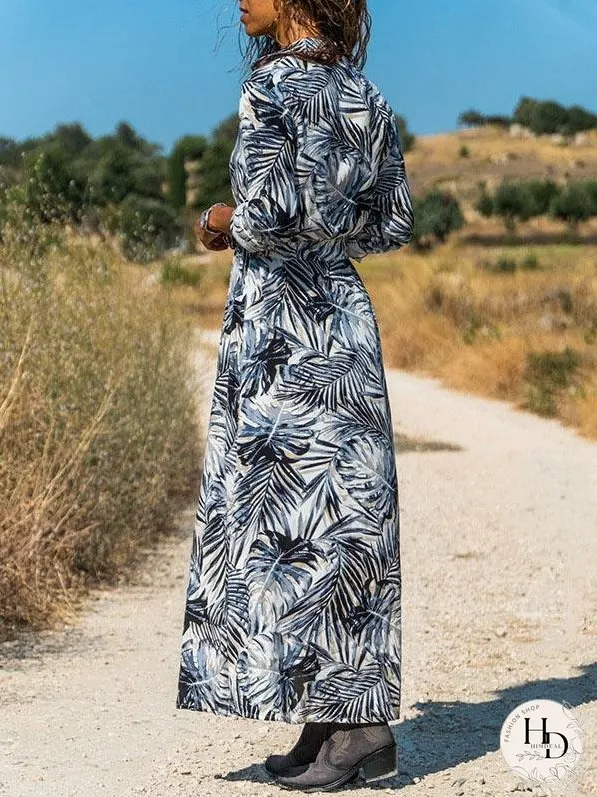 Casual Printed High-waist Lace-up Chiffon Shirt Dress