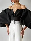 Solid Color Off-The-Shoulder Puff Sleeves Buttoned Shirt Top
