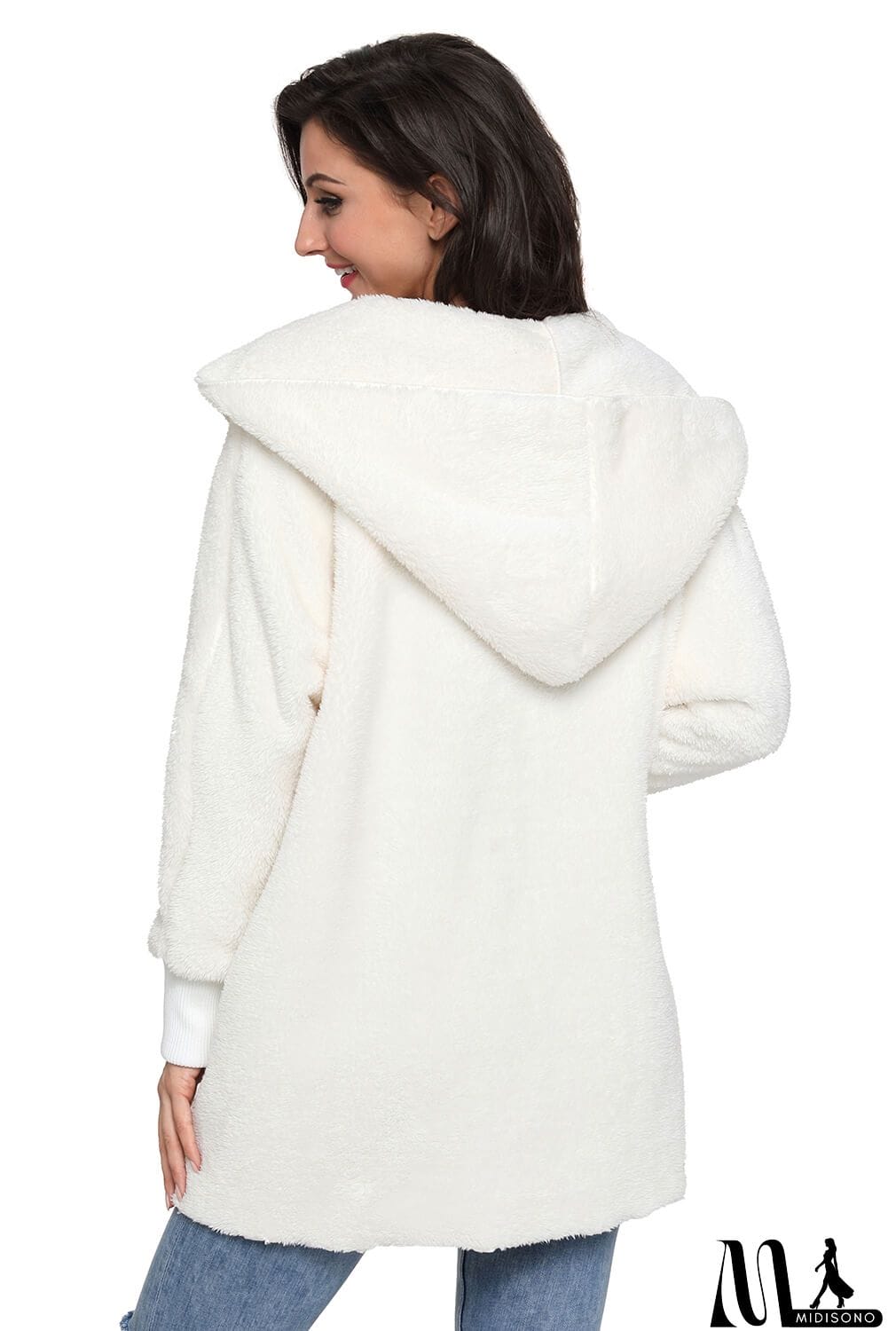 MidiSono - Off White Hooded Open Front Soft Fleece Coat