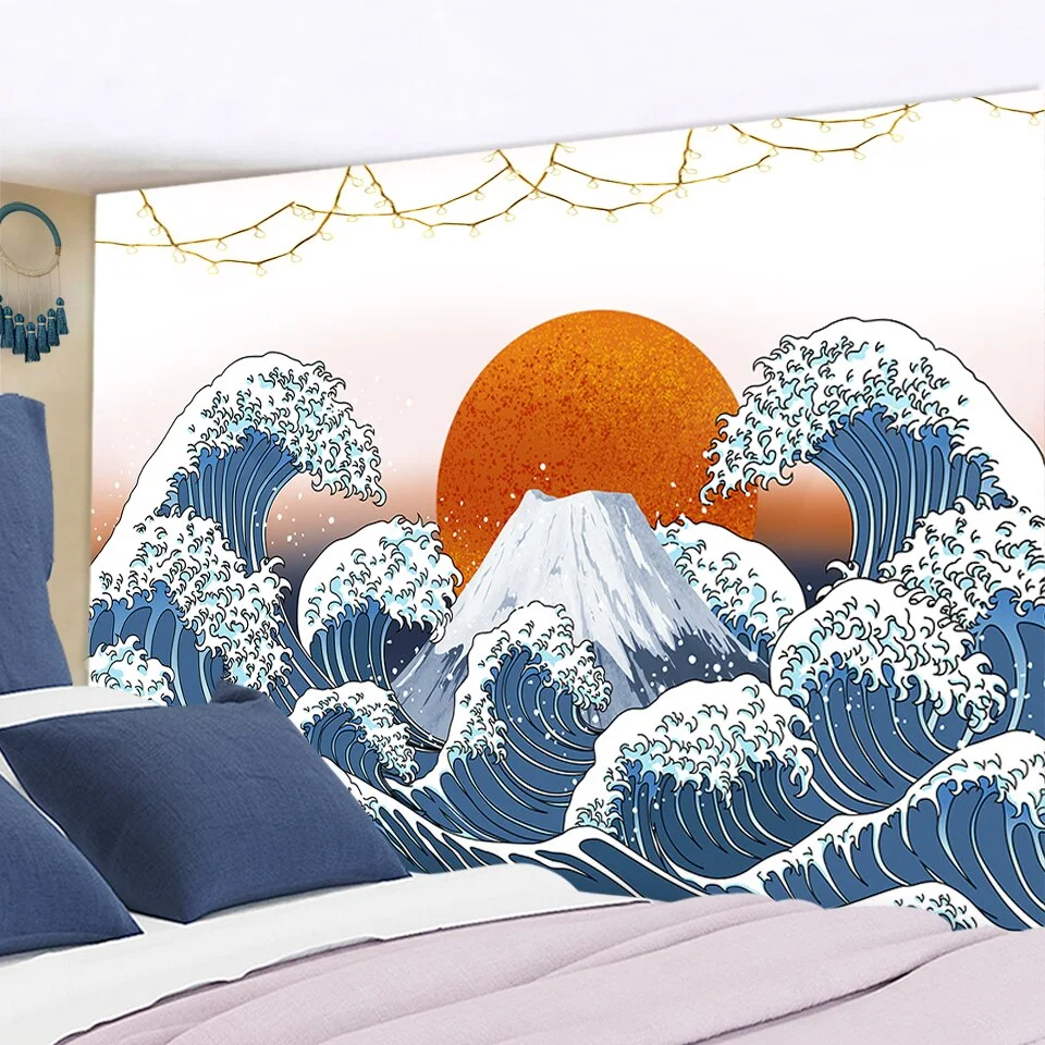 Nigikala Kanagawa Waves Printed Hanging Tapestry Sun Wall Hanging Tapestries Boho Bedspread Yoga Mat Blanket