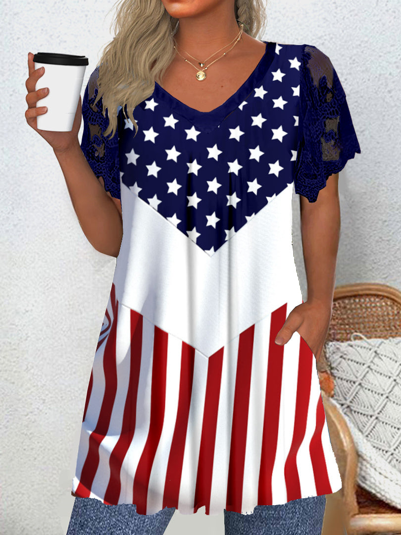 Women's Short Sleeve V-neck Graphic Lace Pockets Tops