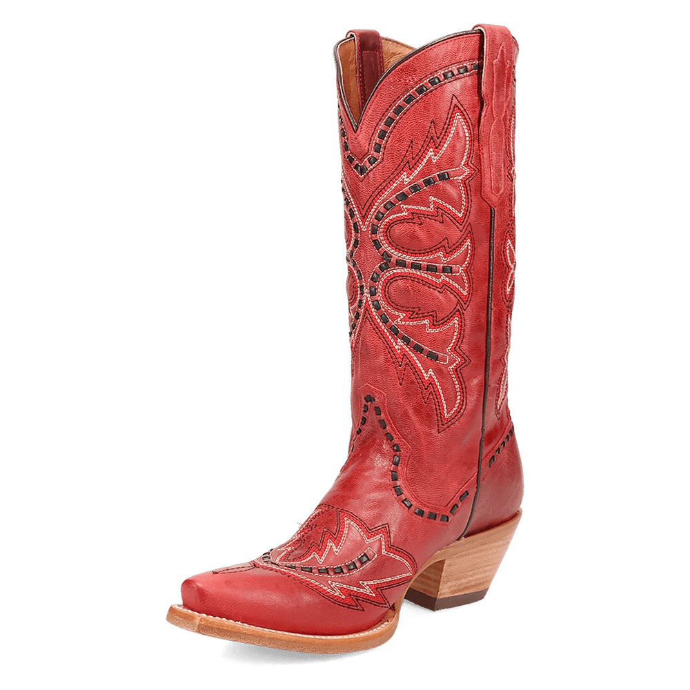 Red Snip Toe Chunky Heel Mid-Calf Cowgirl Boots with Embroidery Nicepairs