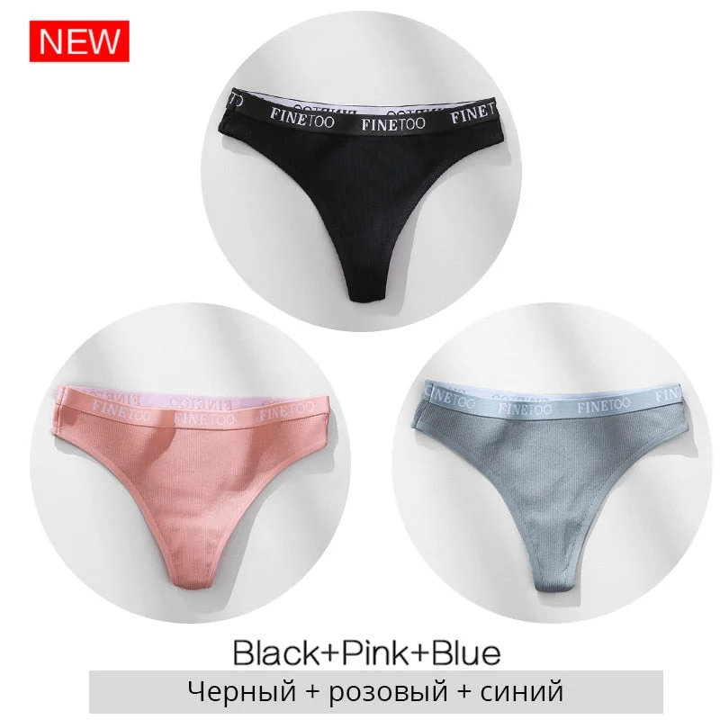 FINETOO Cotton Thongs Women Wide Belt Letter G-string Underwear M-XL Girls T-back Underpants Comfortable Thong Panties Lingerie