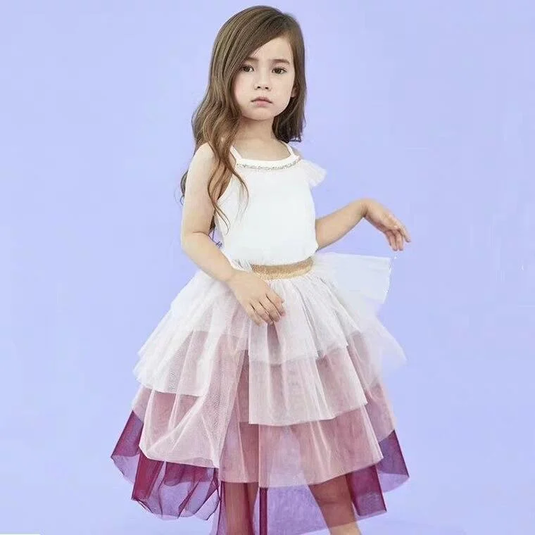 Lace Princess Dress For Girls Summer Short Sleeve Ruffle Dresses Up Kids Children Star Sequin Tulle Layers Wedding Party Costume