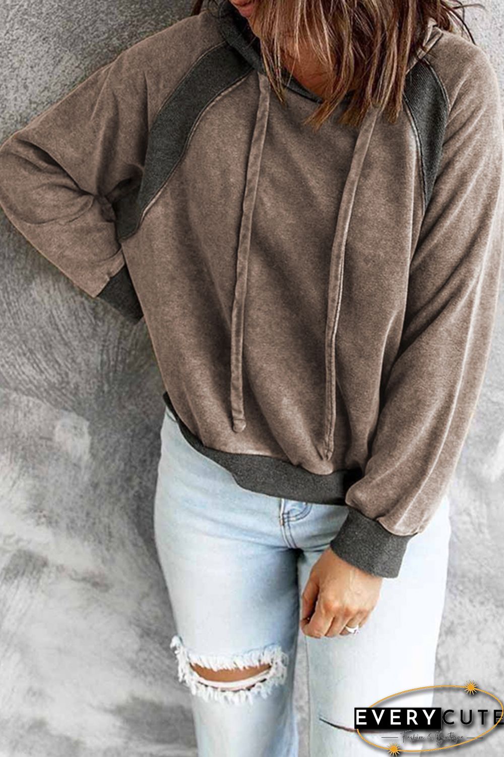 Khaki Casual Patchwork Drawstring Hoodie