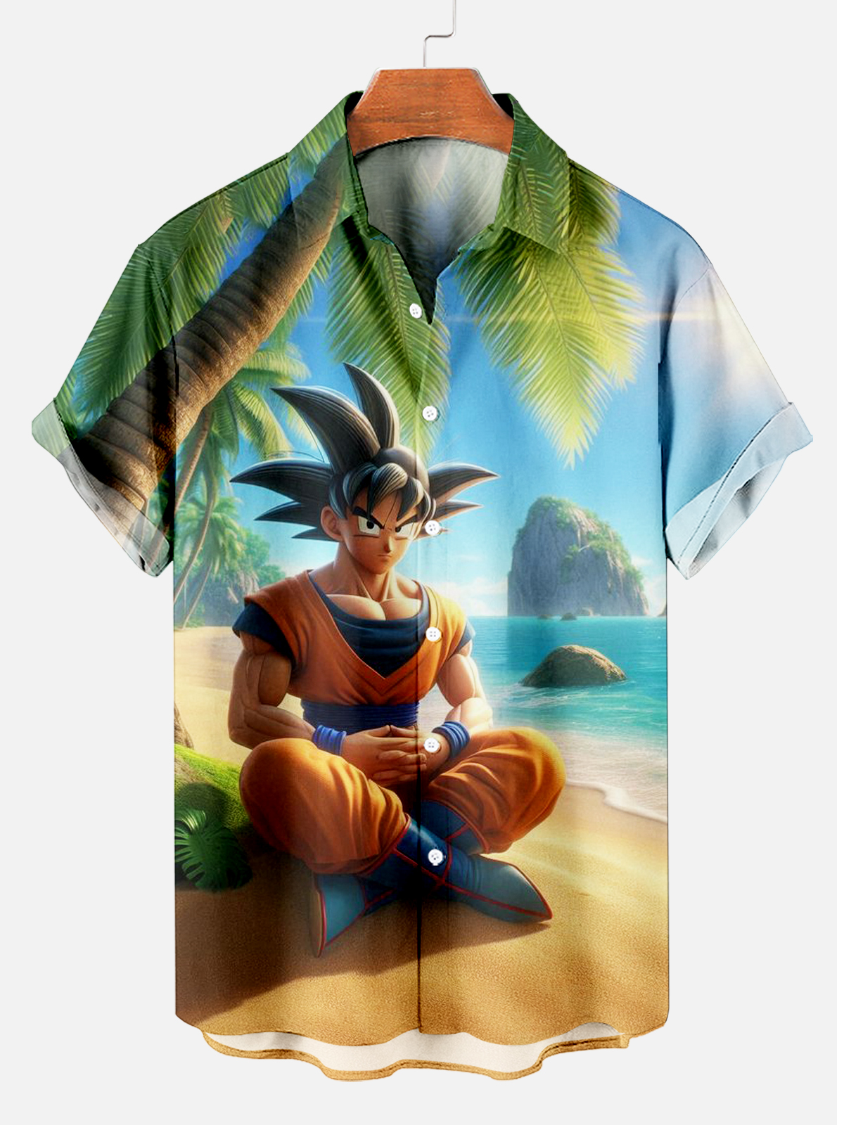 Men's Classic Cartoon Steven Universe Short-Sleeved Printed Shirt With A Man Sitting Cross-Legged On The Beach PLUSCLOTHESMAN