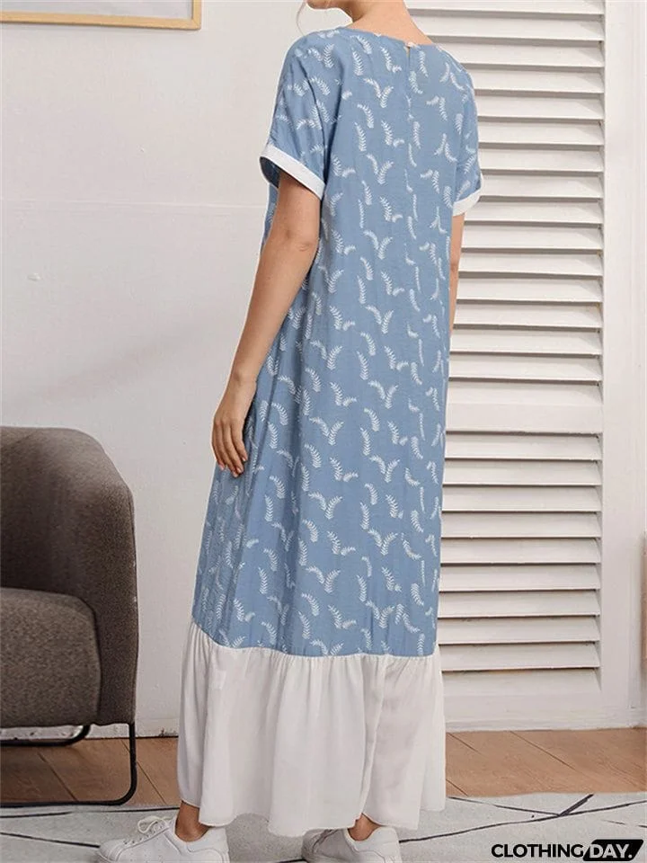 Round Neck Printed Contrast Color Long Dresses