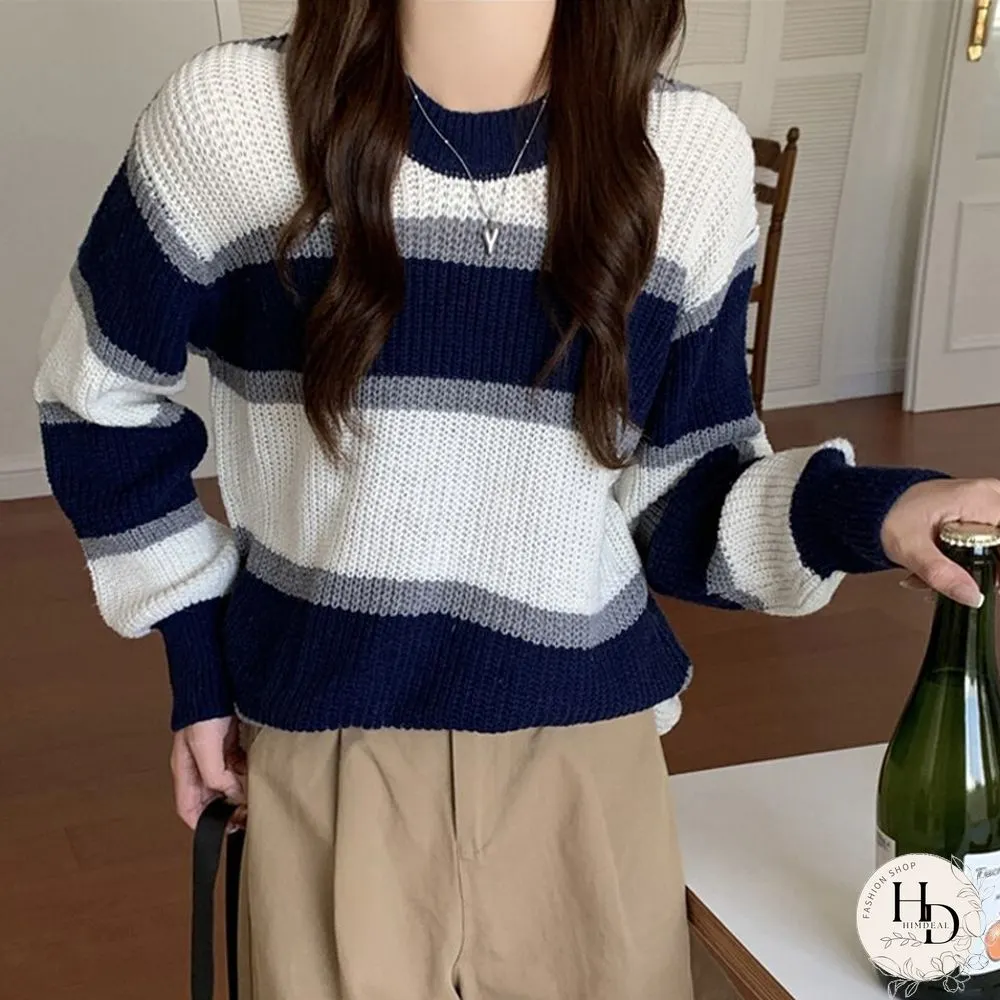 Retro elegant stripe knit sweater women causal loose long sleeves female pullovers Korean