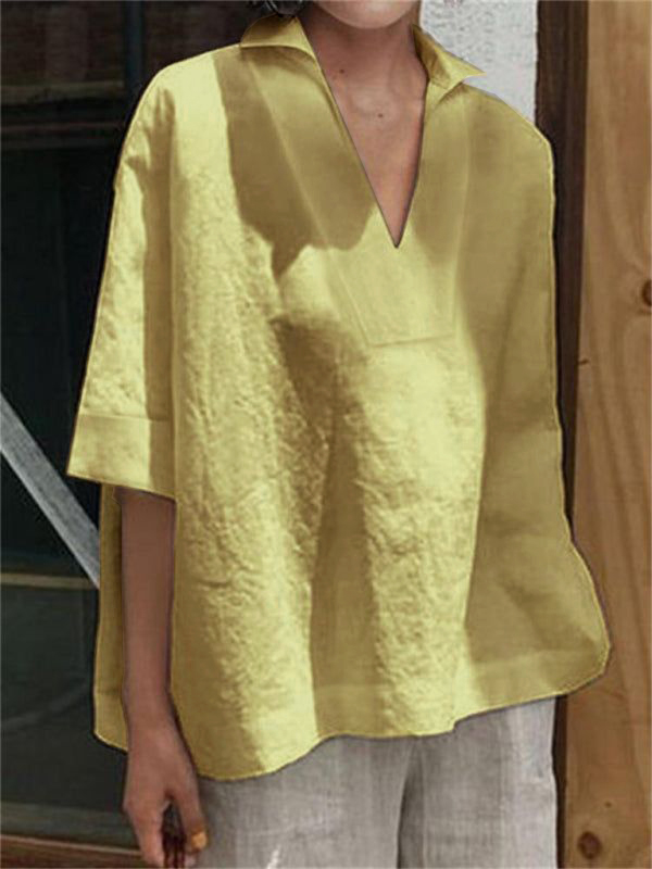 Solid Color Loose Three-Quarter Sleeves Lapel T-Shirts Tops