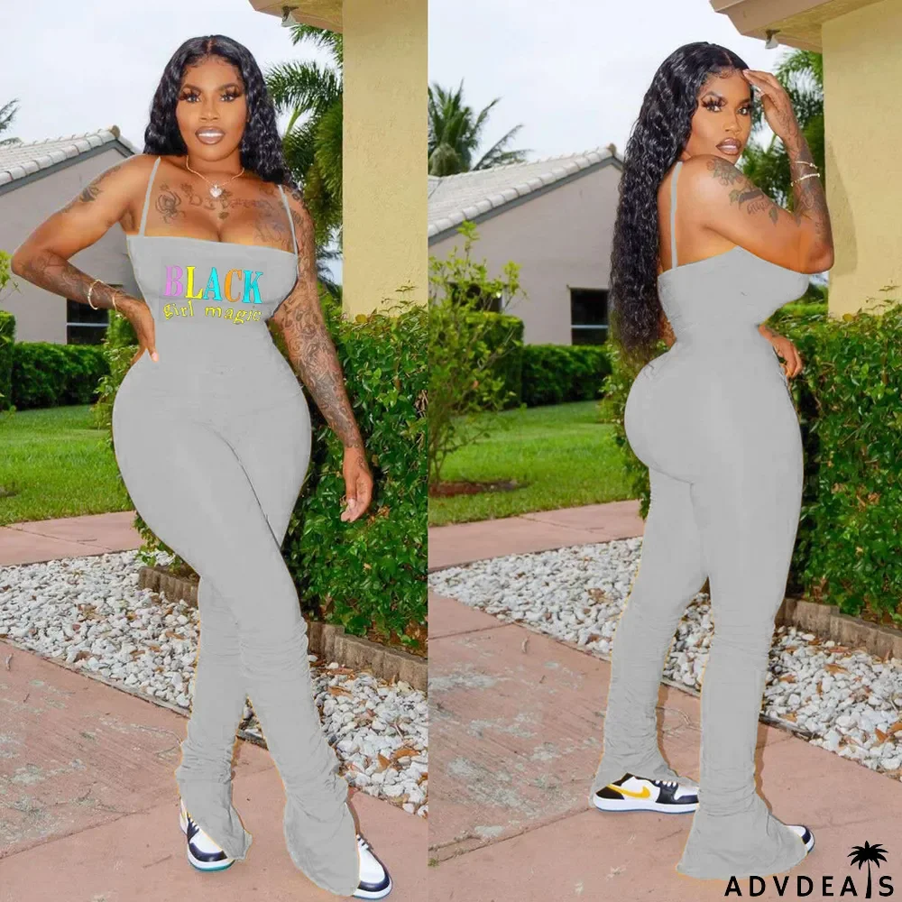 Plus Size Letter Print Spaghetti Strap Stacked Jumpsuits