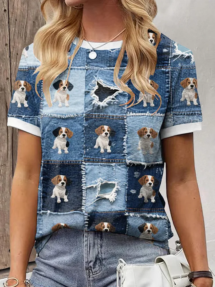 Women's Denim Patchwork Dog Pattern Print Round Neck Short Sleeve T-shirt
