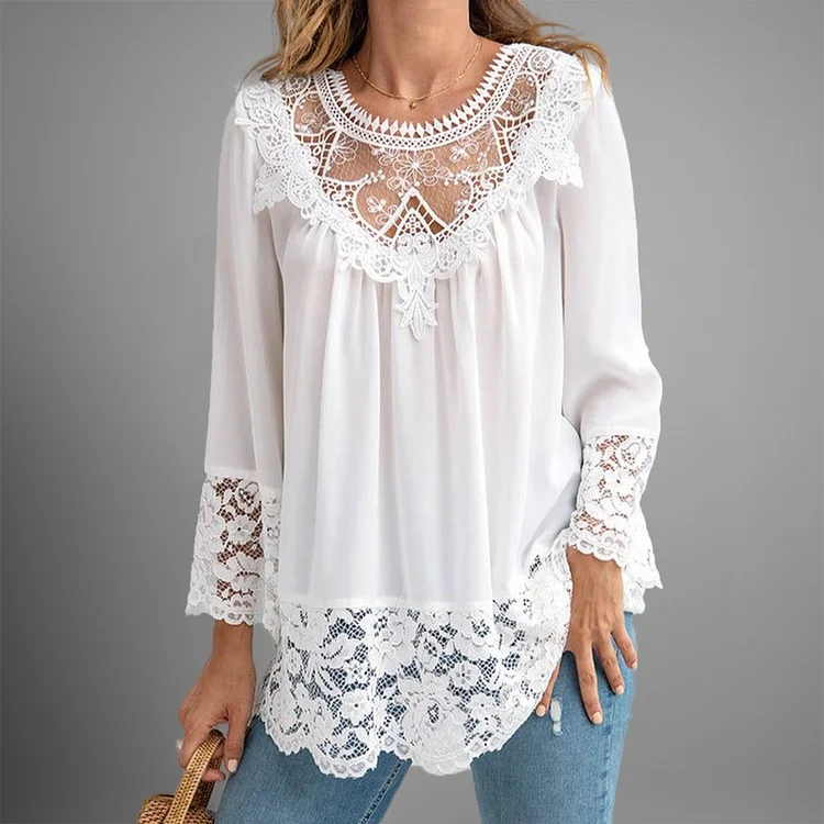Lace Patchwork Hollow Out Round Neck Long Sleeve Blouse