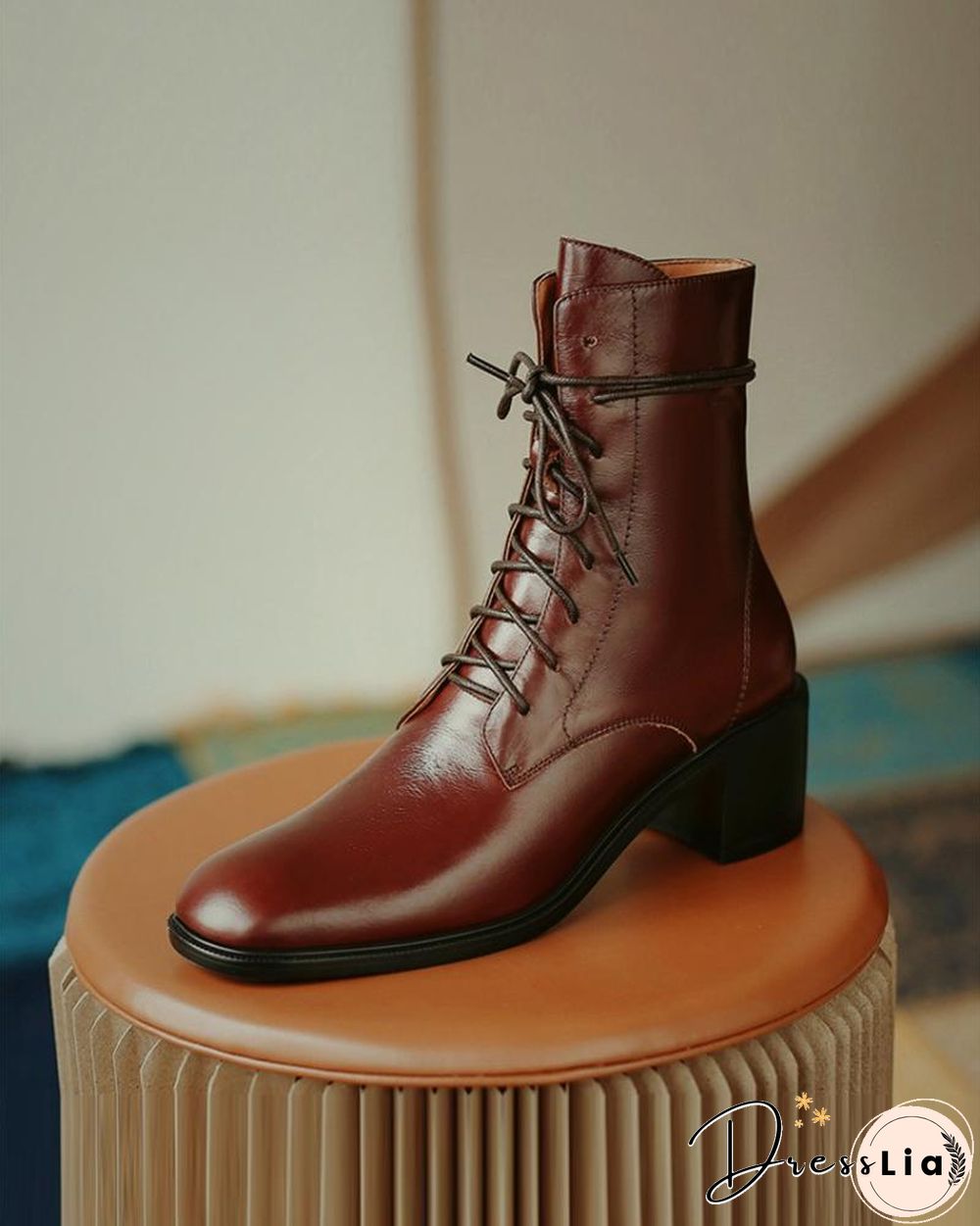 Pointed-toe Solid Color Lace-up Martin Boots