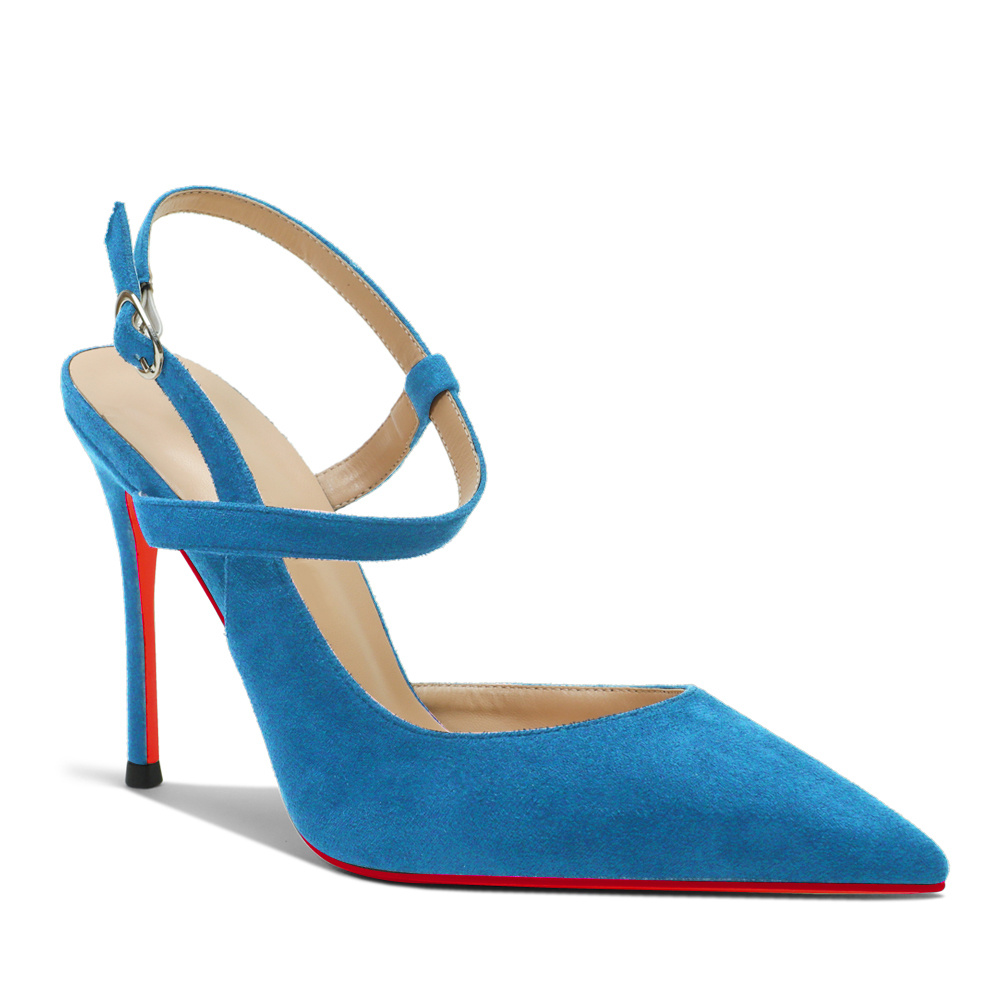 100mm Women Slingback Pumps Ankle Strap Jenlove Stiletto Mid Heel Close Pointed Toe Dress Red Bottoms Suede Shoes-MERUMOTE