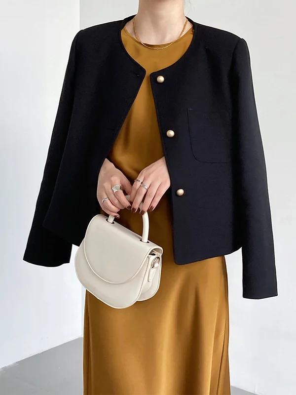 Original Creation Long Sleeves Loose Buttoned Solid Color Round-Neck Outerwear