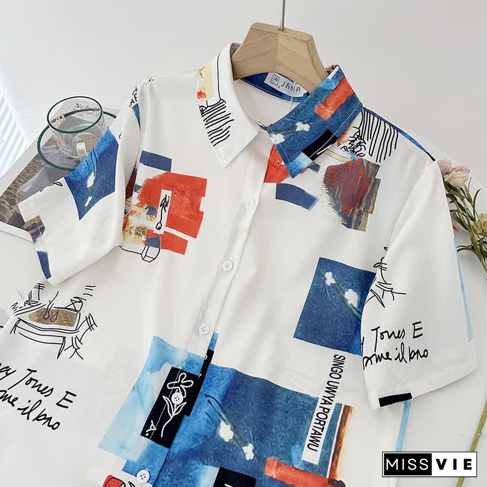 Cartoon Print Lapel Short Sleeve Loose Shirt