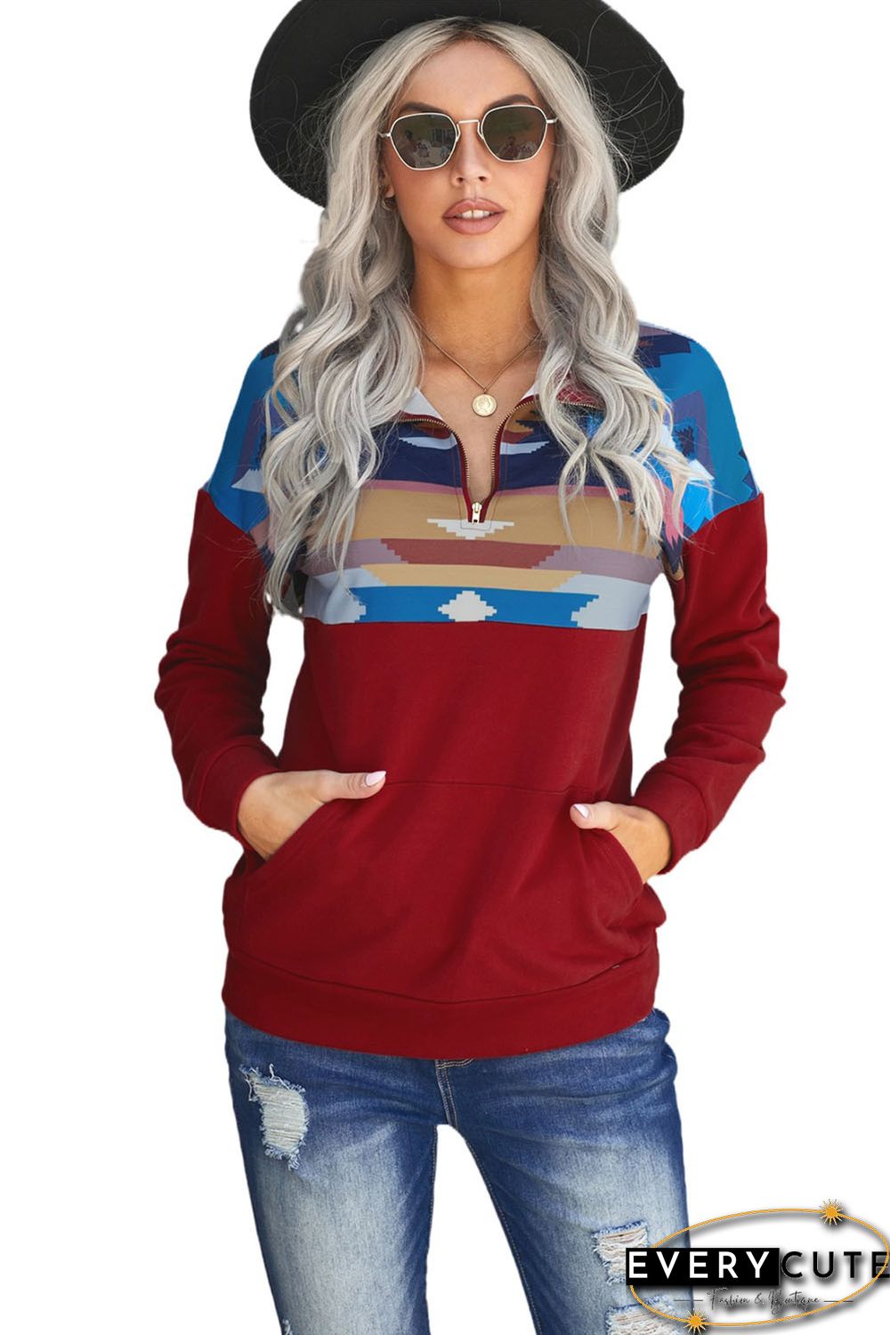 Red Turn Down Collar Zip Tribal Print Sweatshirt