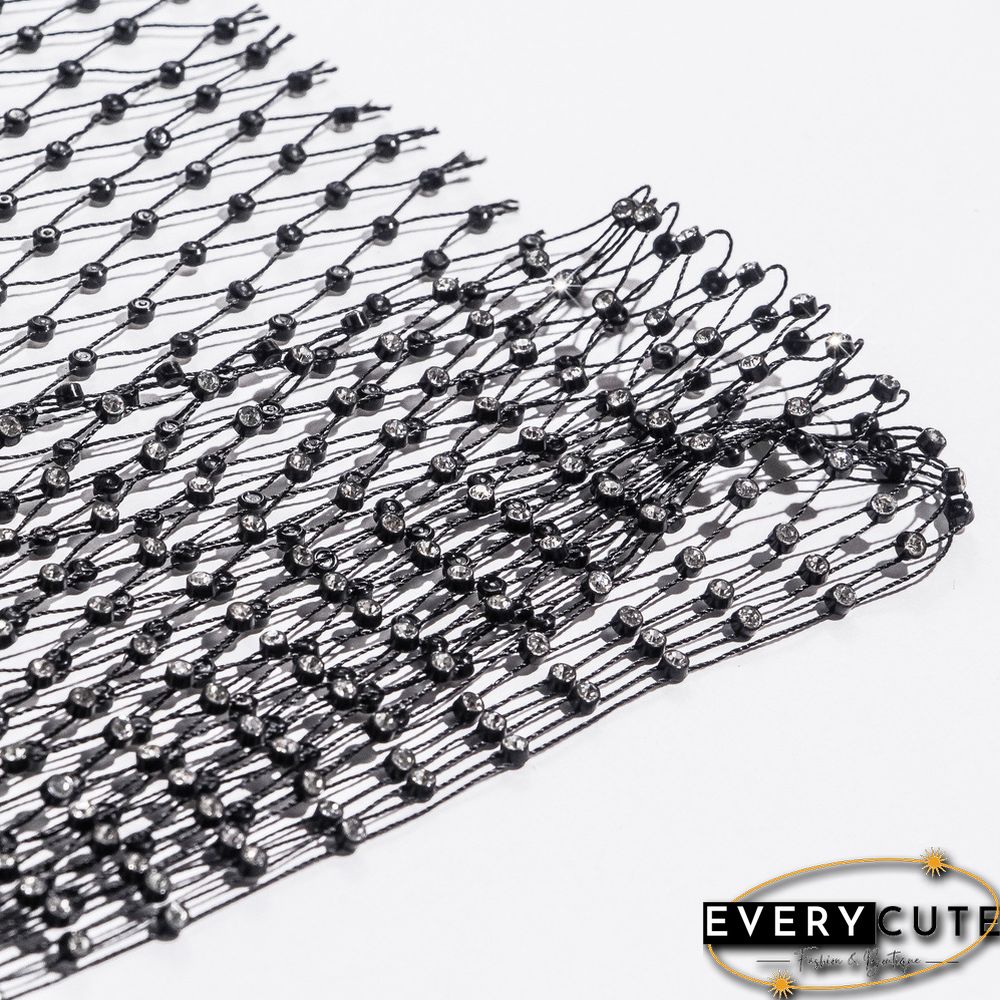 Black Rhinestone Mesh Hollow-out V Neck Crop Top